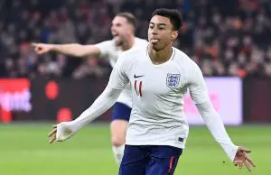 Jesse Lingard celebrates after scoring for England. (Getty Images)