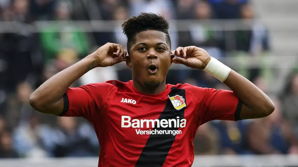 Bayer Leverkusen Leon Bailey celebrates after scoring. (Getty Images)
