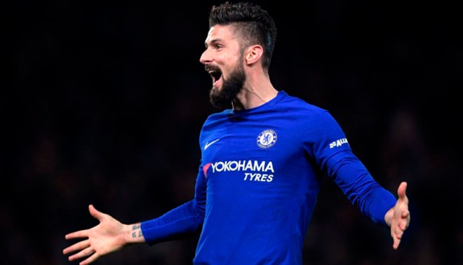 Chelsea striker Olivier Giroud celebrates after scoring. (Getty Images)