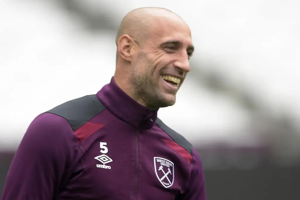 West Ham defender Pablo Zabaleta smiles during a training session. (Getty Images)