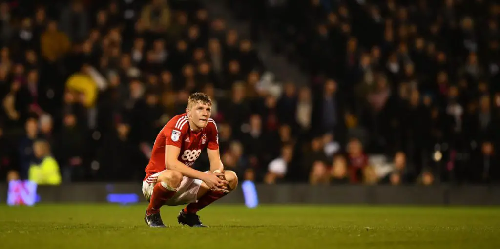 Nottingham Forest's Joe Worrall looks dejected. (Getty Images)
