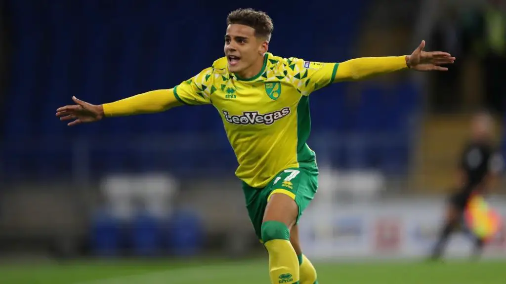 Norwich City right-back Max Aarons celebrates after scoring. (Getty Images)