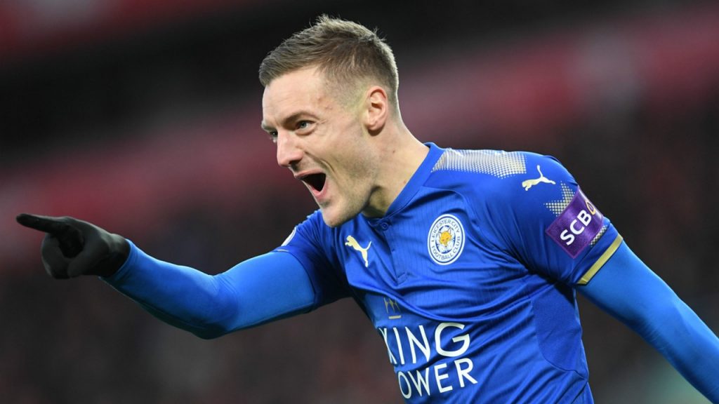 Leicester striker Jamie Vardy celebrates after scoring. (Getty Images)