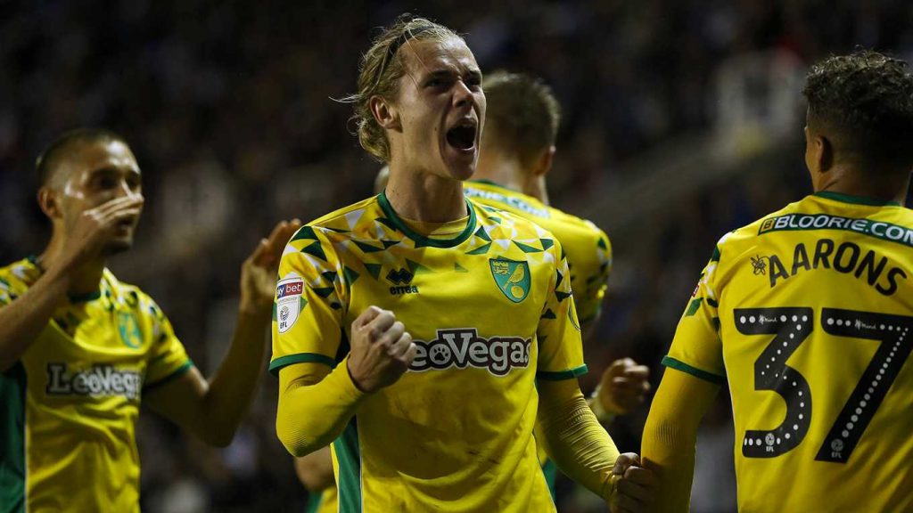 Norwich midfielder Todd Cantwell celebrates after scoring. (Getty Images)