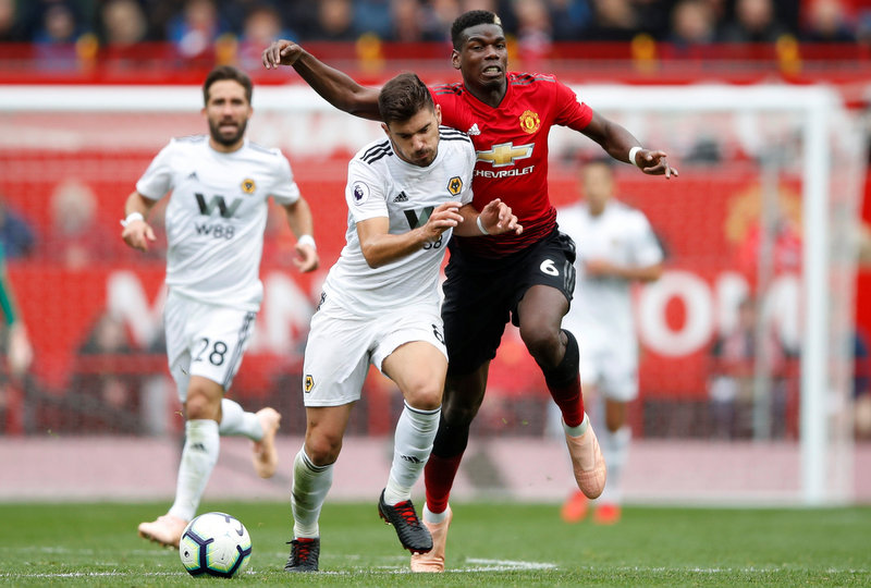 Ruben Neves in action for Wolves against Manchester United in the Premier League.