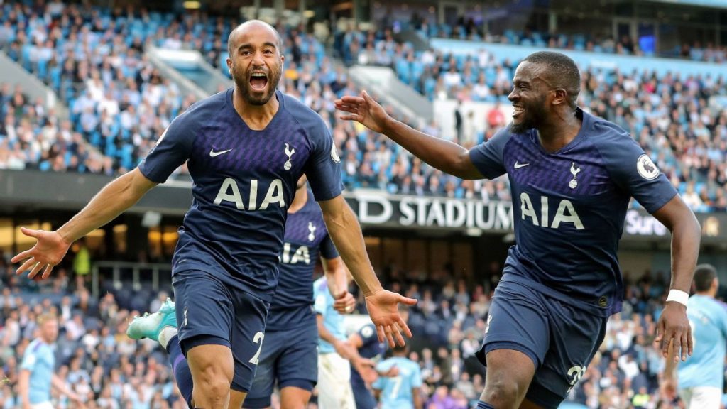 Tottenham players celebrate after scoring. (Getty Images)