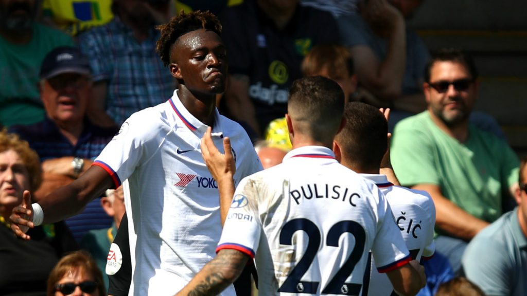 Tammy Abraham celebrates with Christian Pulisic after scoring. (Getty Images)