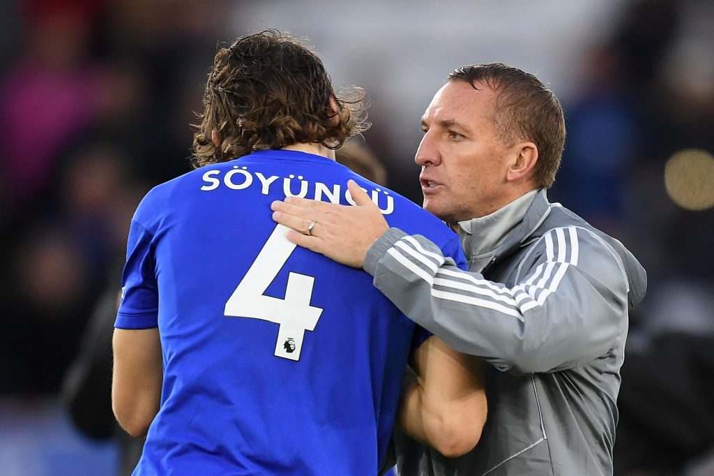 Caglar Soyuncu of Leicester City shakes hands with Brendan Rodgers, Manager of Leicester City during the Premier League match between Leicester City and Newcastle United at The King Power Stadium on September 29, 2019 in Leicester, United Kingdom. (Getty Images)