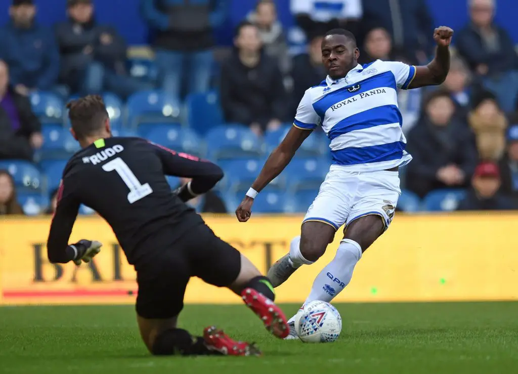 Bright-Osayi-Samuel tries to dribble past the opposition goalkeeper. (Getty Images)