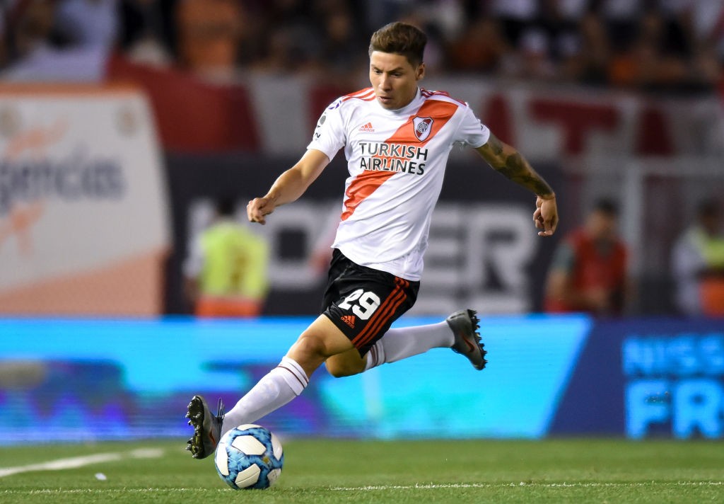 Gonzalo Montiel of River Plate drives the ball during a match between River Plate and San Lorenzo as part of Superliga 2019/20 at Estadio Monumental Antonio Vespucio Liberti on December 08, 2019 in Buenos Aires, Argentina. (Getty Images)