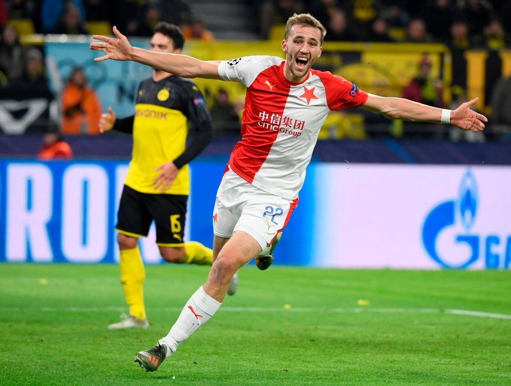 Slavia Prague's Czech midfielder Tomas Soucek celebrates scoring during the UEFA Champions League Group F football match between Borussia Dortmund and SK Slavia Prague on December 10, 2019 in Dortmund, western Germany. (Getty Images)