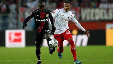Moussa Diaby of Bayer Leverkusen is challenged by Ismail Jakobs of Koeln during the Bundesliga match between 1. FC Koeln and Bayer 04 Leverkusen at RheinEnergieStadion on December 14, 2019 in Cologne, Germany. (Getty Images)
