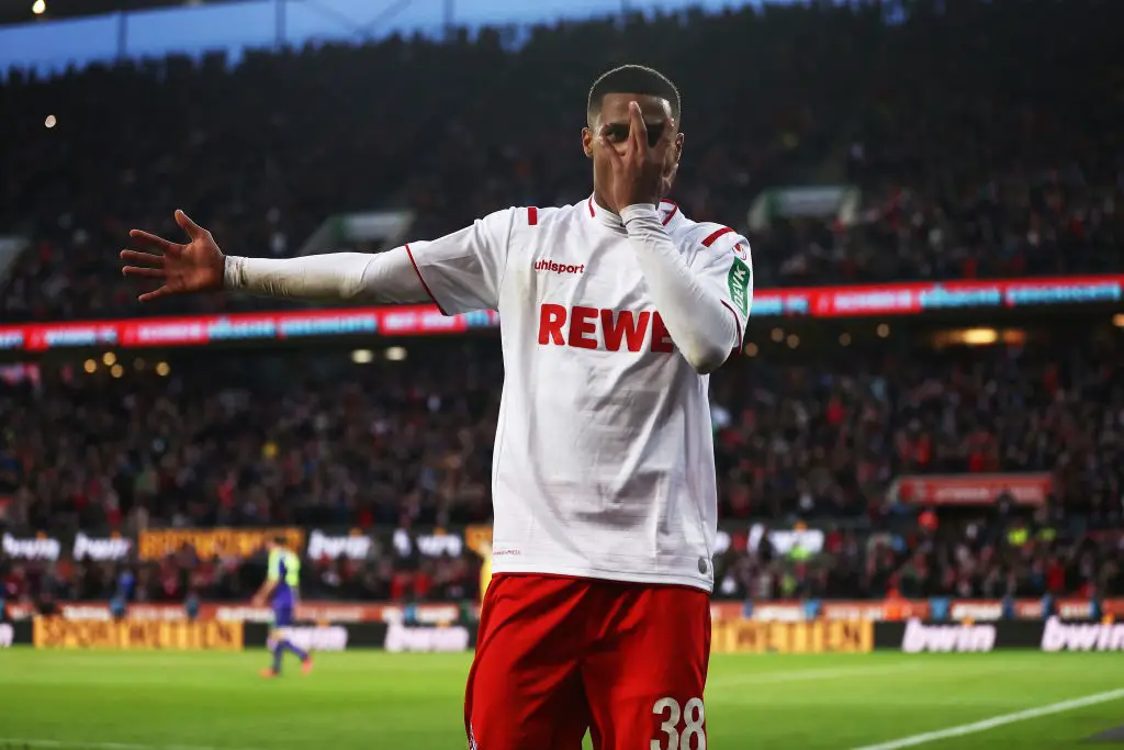 Ismail Jakobs of FC Koln celebrates scoring his sides fourth goal during the Bundesliga match between 1. FC Koeln and Sport-Club Freiburg at RheinEnergieStadion on February 02, 2020 in Cologne, Germany. (Getty Images)