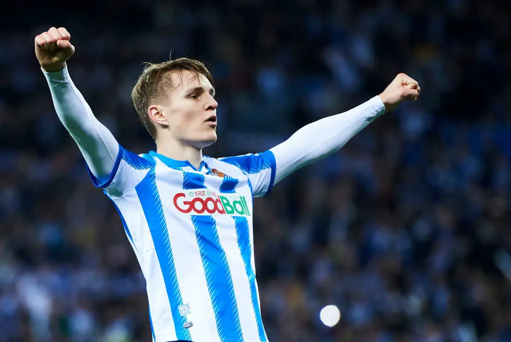 Martin Odegaard of Real Sociedad celebrates after scoring his team's second goal during the Copa del Rey Semi-Final 1st Leg match between Real Sociedad and Mirandes at Estadio Anoeta on February 13, 2020 in San Sebastian, Spain. (Getty Images)