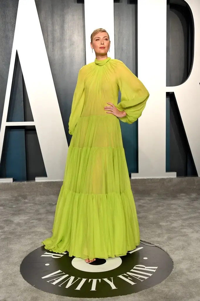 Maria Sharapova looks Stunning in a georgette acid lime maxi dress signed by Valentino fashion house. 