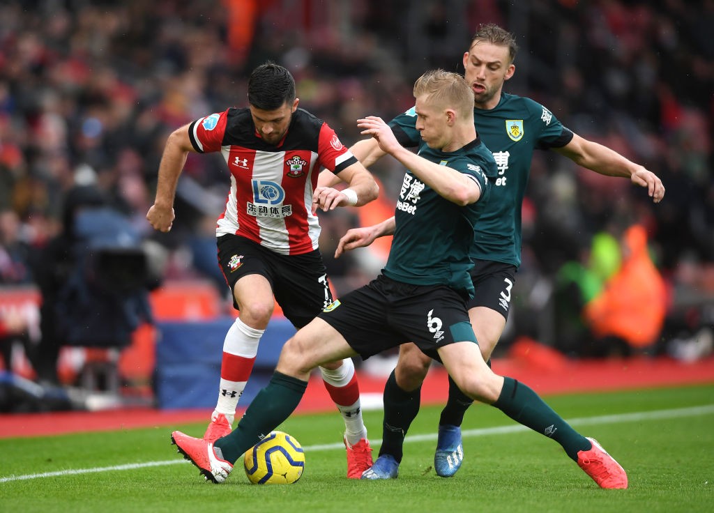 Shane Long of Southampton is challenged by Ben Mee of Burnley during the Premier League match between Southampton FC and Burnley FC at St Mary's Stadium on February 15, 2020 in Southampton, United Kingdom. (Getty Images)