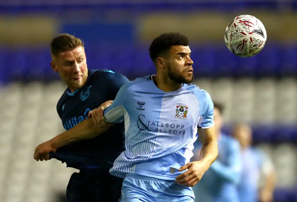 Maxime Biamou of Coventry City and Alfie Kilgour of Bristol Rovers battle for the ball during the FA Cup Third Round Replay match between Coventry City and Bristol Rovers at St Andrew's Trillion Trophy Stadium. (Getty Images)