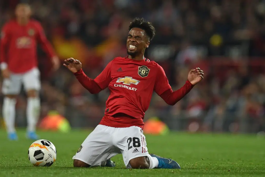Manchester United's midfielder Angel Gomes falls during the UEFA Europa League Group L football match between Manchester United and Astana at Old Trafford in Manchester, north west England, on September 19, 2019. (Getty Images)