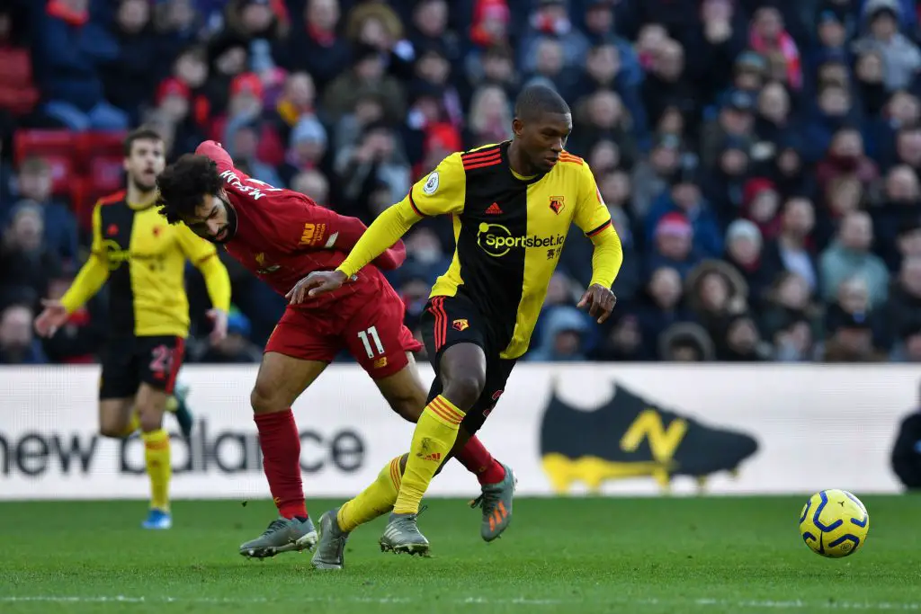 Liverpool's Egyptian midfielder Mohamed Salah (L) vies with Watford's Zaire-born Belgian defender Christian Kabasele during the English Premier League football match between Liverpool and Watford at Anfield in Liverpool. (Getty Images)