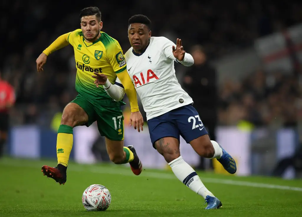 Steven Bergwijn of Tottenham Hotspur is challenged by Emiliano Buendia of Norwich City during the FA Cup Fifth Round match between Tottenham Hotspur and Norwich City at Tottenham Hotspur Stadium. (Getty Images)