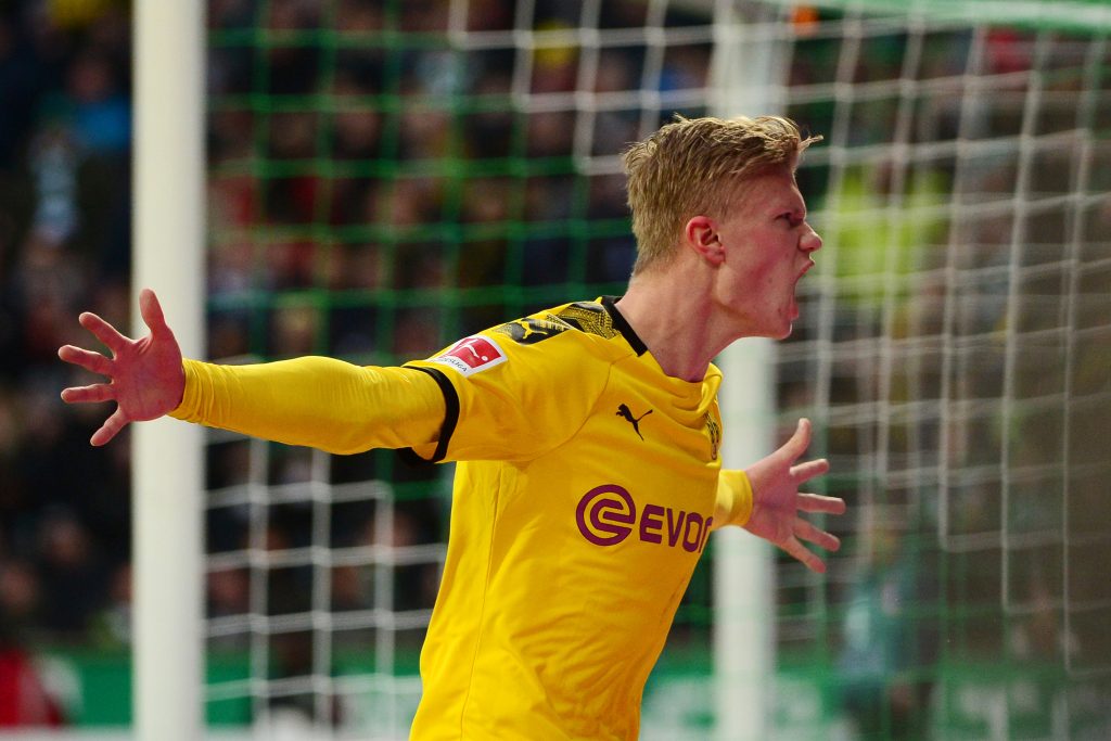 Dortmund's Norwegian forward Erling Braut Haaland celebrates after scoring during the German first division Bundesliga football match Werder Bremen vs BVB Borussia Dortmund, in Bremen, northern Germany on February 22, 2020. (Getty Images)