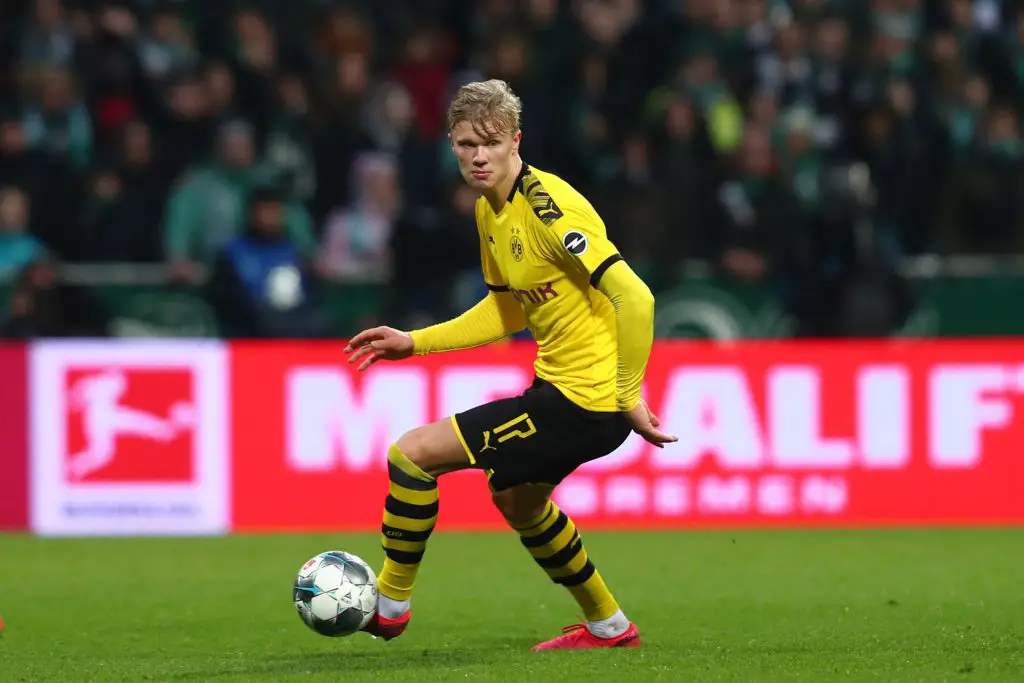 Erling Haaland of Borussia Dortmund controls the ball during the Bundesliga match between SV Werder Bremen and Borussia Dortmund at Wohninvest Weserstadion on February 22, 2020 in Bremen, Germany. (Getty Images)