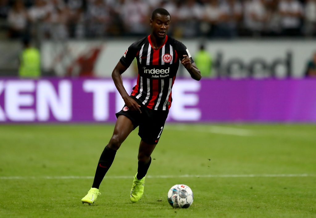 Evan N'Dicka of Frankfurt runs with the ball during the UEFA Europa League Second Qualifying Round 2nd Leg match between Eintracht Frankfurt and FC Flora Tallinn at Commerzbank-Arena on August 01, 2019. (Getty Images)