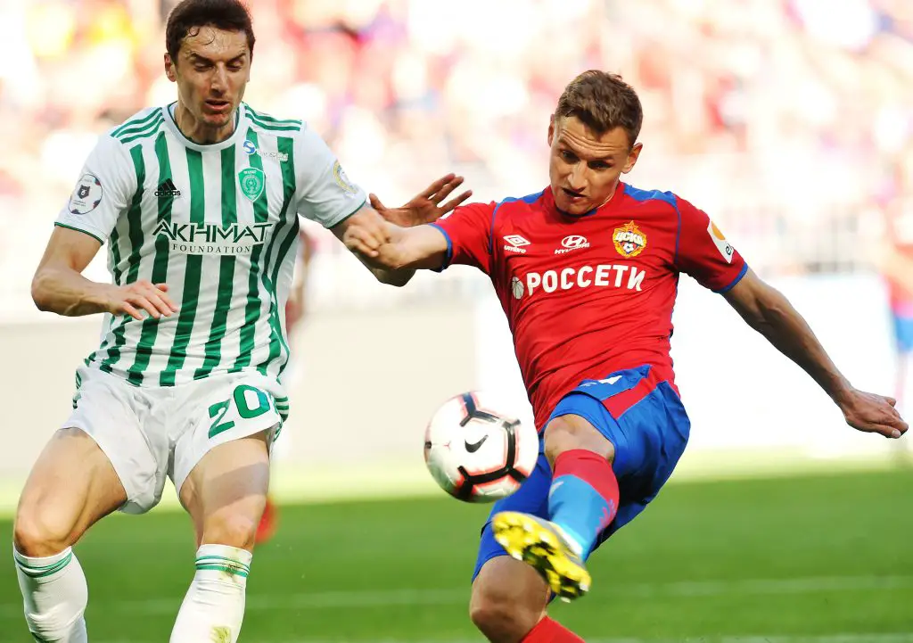 Fyodor Chalov of PFC CSKA Moscow and Zoran Nizic of FC Akhmat Grozny vie for the ball during the Russian Football League match between PFC CSKA Moscow and FC Akhmat Grozny. (Getty Images)