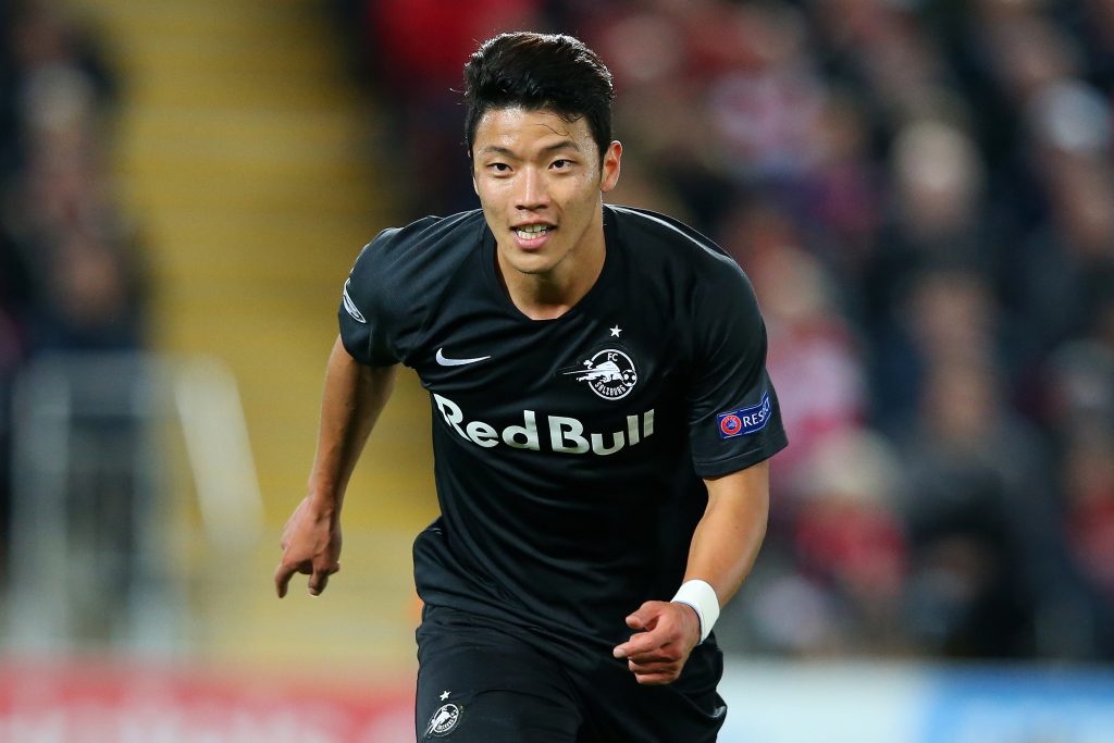 Hwang Hee-chan of Red Bull Salzburg celebrates after he scores his sides first goal during the UEFA Champions League group E match between Liverpool FC and RB Salzburg at Anfield. (Getty Images)