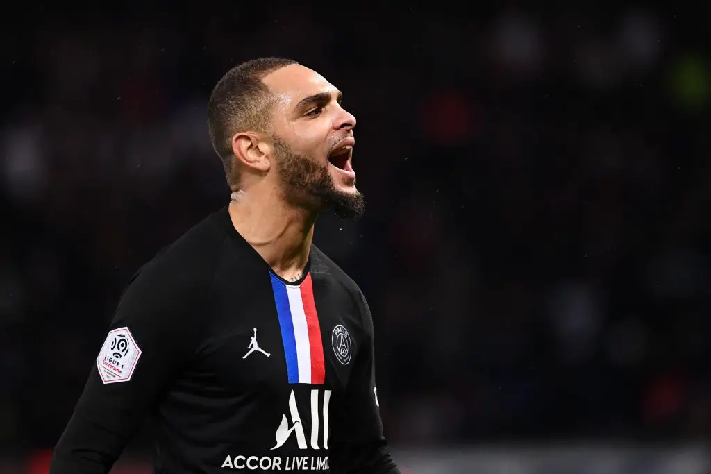 Paris Saint-Germain's French defender Layvin Kurzawa celebrates after scoring a goal during the French L1 football match between Paris Saint-Germain (PSG) and Montpellier Herault SC at the Parc des Princes stadium in Paris. (Getty Images)