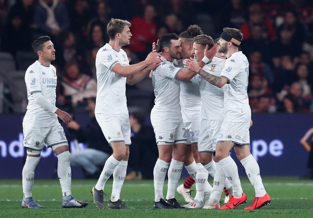 Leeds United players celebrate after a goal. (Getty Images)