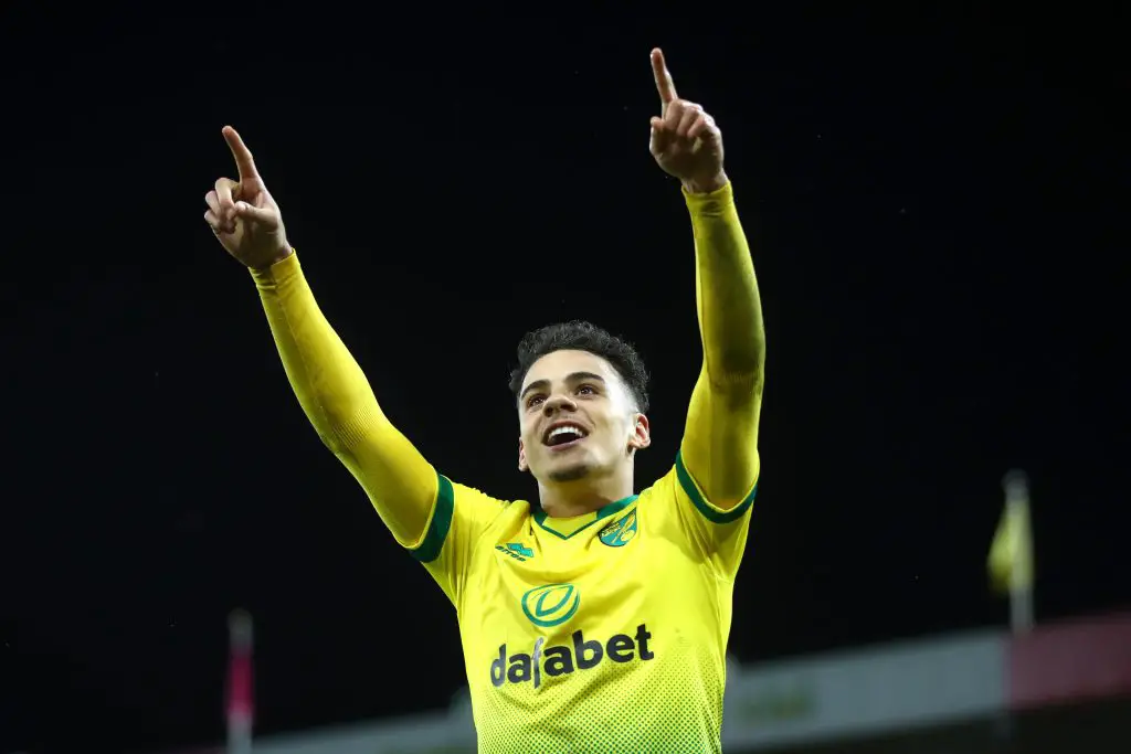 Max Aarons of Norwich City celebrates after Jamal Lewis scores his sides first goal during the Premier League match between Norwich City and Leicester City at Carrow Road. (Getty Images)
