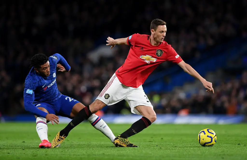 Reece James of Chelsea closes down Nemanja Matic of Manchester United during the Premier League match between Chelsea FC and Manchester United at Stamford Bridge. (Getty Images)