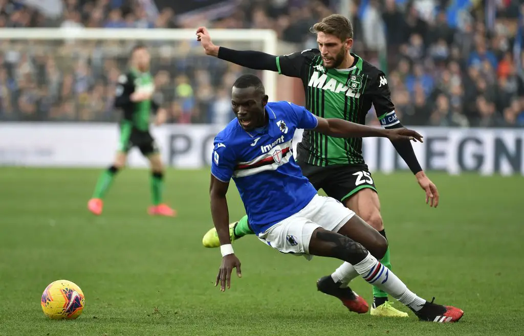 Omar Colley of UC Sampdoria and Domenico Berardi of US Sassuolo during the Serie A match between UC Sampdoria and US Sassuolo at Stadio Luigi Ferraris on January 26, 2020 in Genoa, Italy. (Getty Images)
