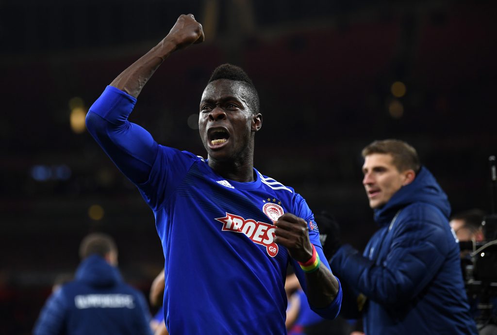 Pape Abou Cisse of Olympiacos FC celebrates victory after the UEFA Europa League round of 32 second leg match between Arsenal FC and Olympiacos FC at Emirates Stadium on February 27, 2020 in London. (Getty Images)