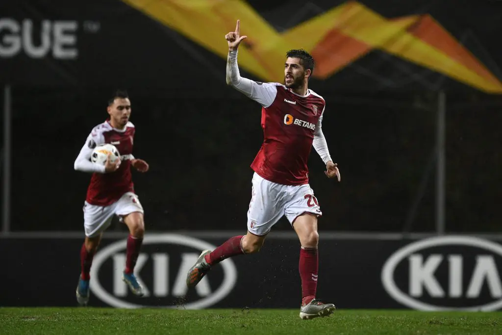 Paulinho of Braga celebrates after scoring his team's second goal during the UEFA Europa League group K match between Sporting Braga and Wolverhampton Wanderers. (Getty Images)