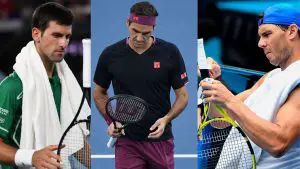 Rafael Nadal, Novak Djokovic and Roger Federer with their tennis rackets