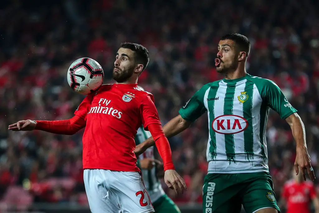 Benfica's Portuguese midfielder Rafa Silva (L) vies with Vitoria FC's Portuguese defender Artur Jorge during the Portuguese league football match between SL Benfica and Vitoria Setubal FC at the Luz stadium in Lisbon on April 14, 2019. (Getty Images)
