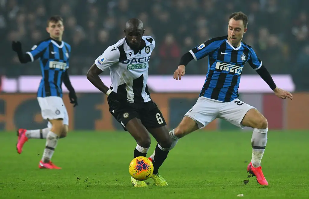 Seko Fofana of Udinese Calcio competes for the ball with Christian Eriksen of FC Internazionale during the Serie A match between Udinese Calcio and FC Internazionale at Stadio Friuli. (Getty Images)