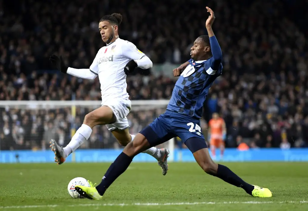 Tyler Roberts of Leeds United battles for possession with Tosin Adarabioyo of Blackburn Rovers during the Sky Bet Championship match between Leeds United and Blackburn Rovers at Elland Road on November 09, 2019 in Leeds, England. (Getty Images)
