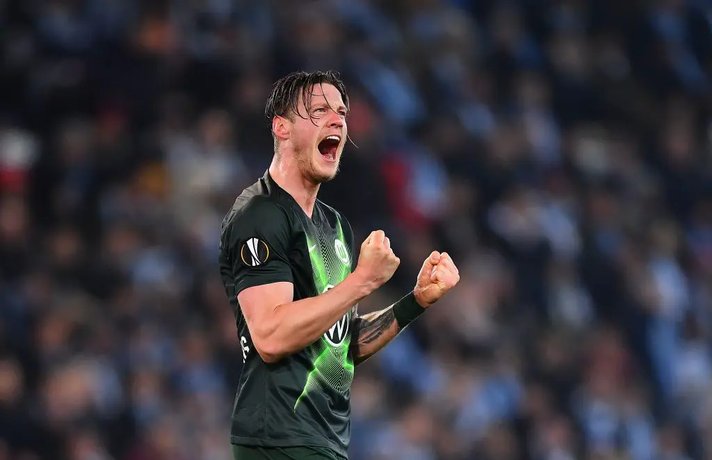 Wout Weghorst of VfL Wolfsburg celebrates his sides first goal during the UEFA Europa League round of 32 second leg match between Malmo FF and VfL Wolfsburg at Swedbank Stadion. (Getty Images)