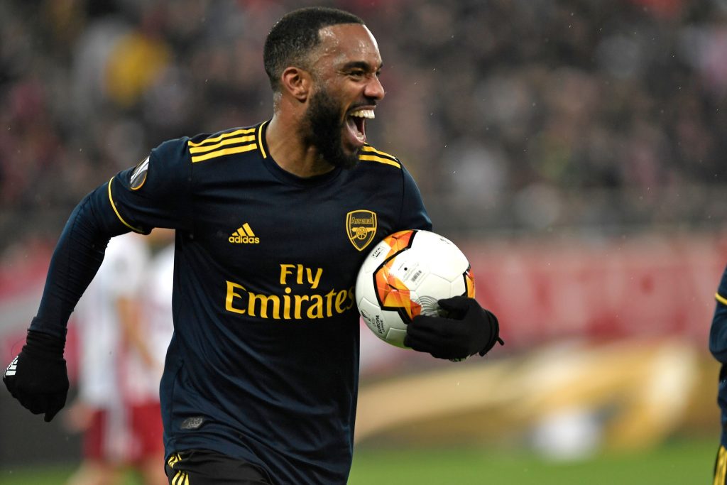 Alexandre Lacazette celebrates after scoring in the Europa League. (Getty Images)