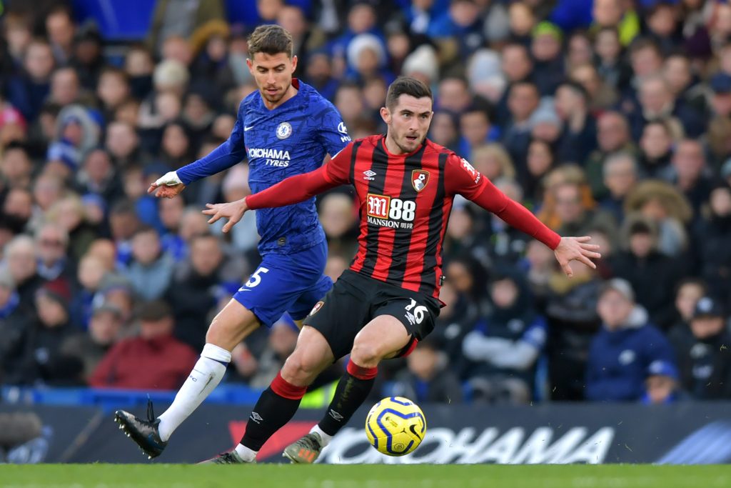 Chelsea's Italian midfielder Jorginho (L) vies with Bournemouth's English midfielder Lewis Cook during the English Premier League football match between Chelsea and Bournemouth at Stamford Bridge. (Getty Images)