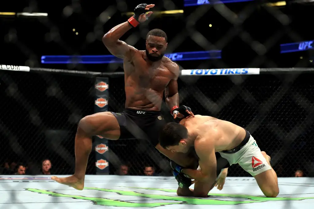 Tyron Woodley fights Demian Maia in the Welterweight title bout during UFC 214.