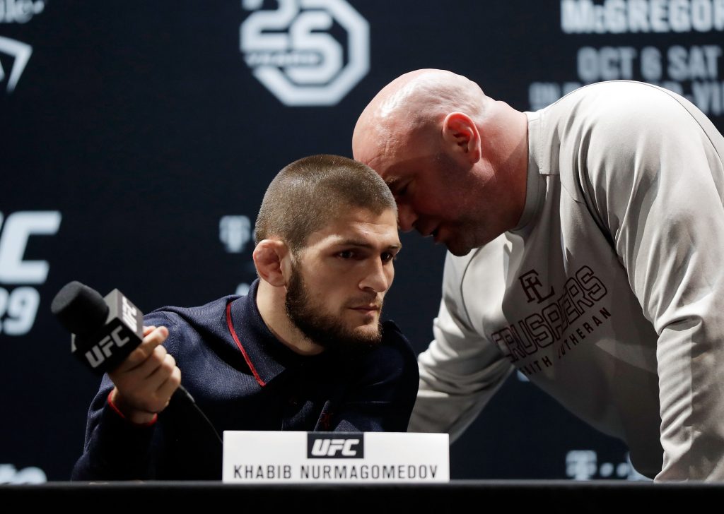 UFC President Dana White (R) speaks with UFC lightweight champion Khabib Nurmagomedov.