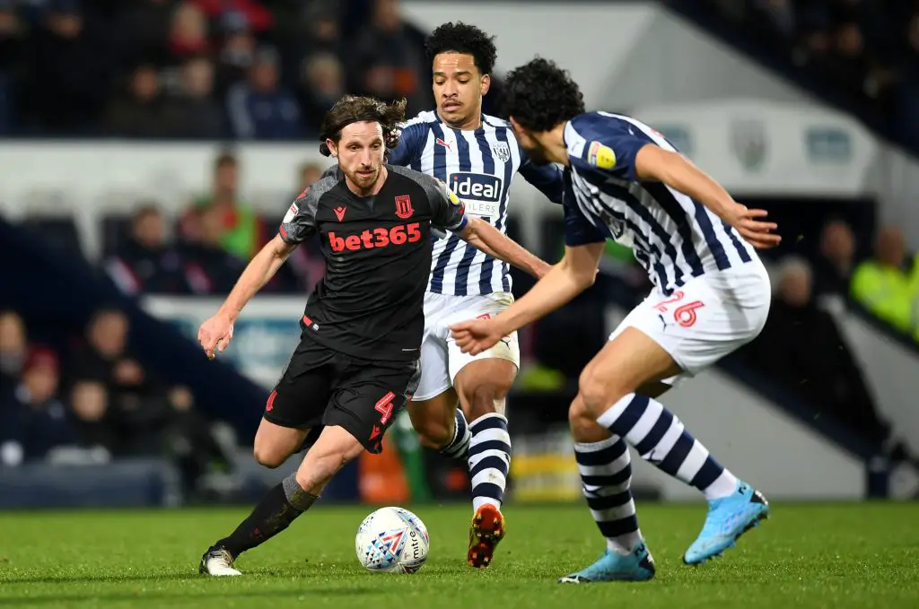 Matheus Pereira of West Brom vies for the ball with Stoke City's Joe Allen.