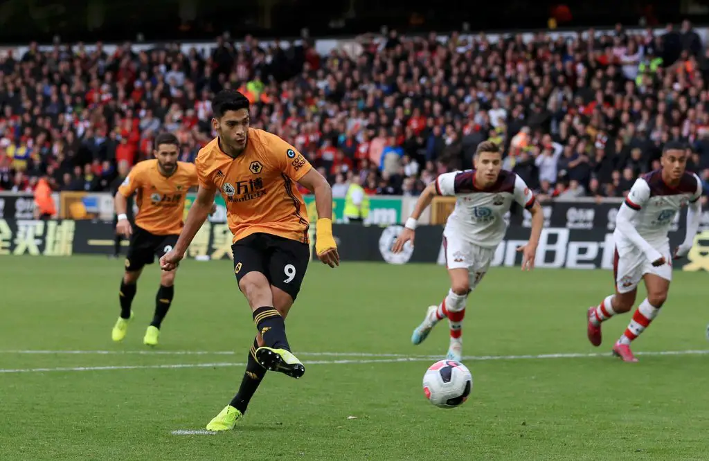 Raul Jimenez scores a penalty for Wolves. (Getty Images)