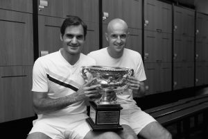 Roger Federer of Switzerland and coach Ivan Ljubicic after winning the 2018 Australian Open title.