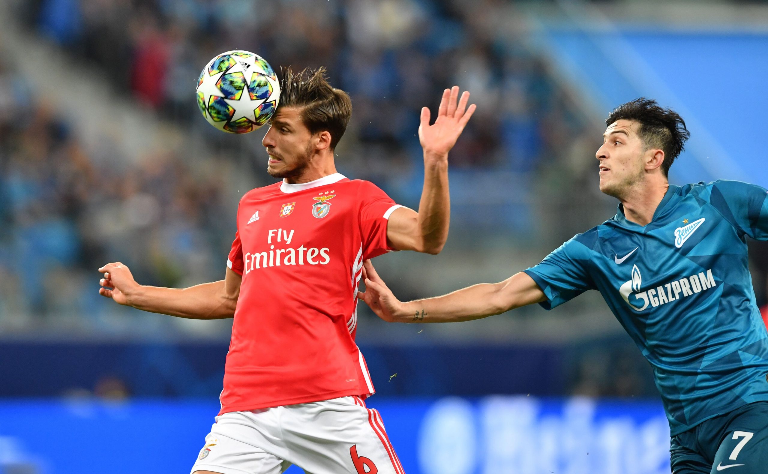 Benfica defender Ruben Dias (left) fights for the ball with Zenit St. Petersburg's Iranian forward Sardar Azmoun during the UEFA Champions League Group G match at the Krestovsky Stadium in Saint Petersburg in October last year. 