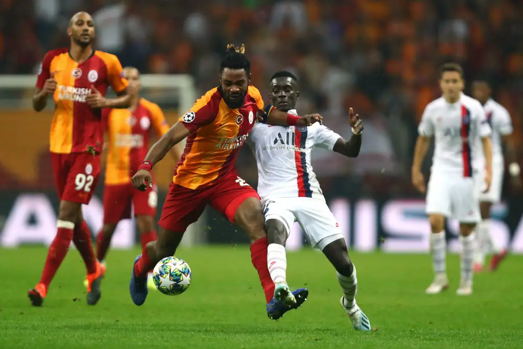 Christian Luyindama of Galatasaray battles for the ball with Idrissa Gueye of PSG during a UEFA Champions League group match at Turk Telekom Arena on October 01, 2019 in Istanbul, Turkey.